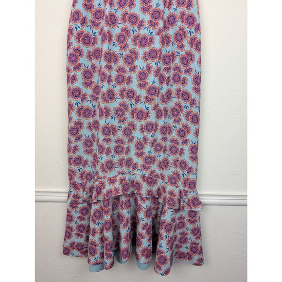 Saloni Midi Dress Adrienne Ciel Dragonfruit Ruffle Silk Floral Blue Size 4 - Picture 5 of 13